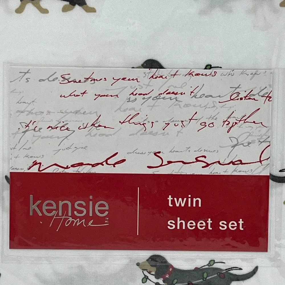 Kensie Home Twin Sheet Set Christmas Dachshund Dogs Lights White Microfiber